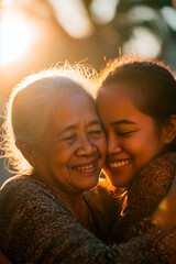 Younger woman taking care of her old mother,