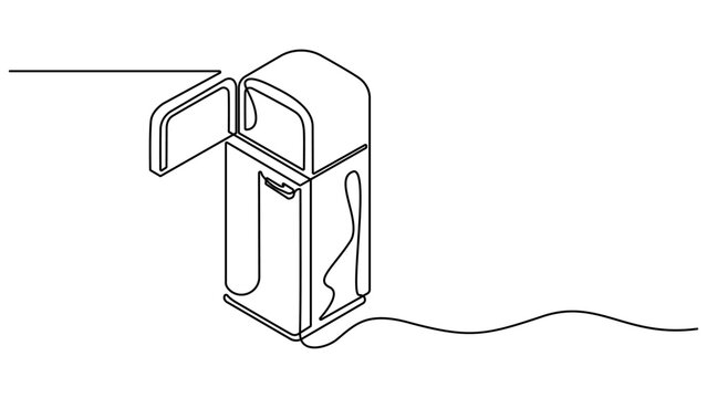One line drawing of refrigerator in retro style. Continuous line drawing of Home appliance, fridge, kitchen refrigerator in single line draw vector illustration, isolated on white background.
