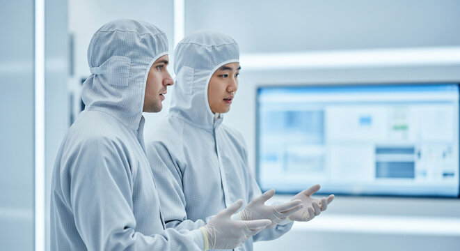 Two diverse engineers in cleanroom suits collaborating in a high-tech manufacturing facility or laboratory, discussing advanced technology - Powered by Adobe