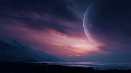 Fototapeta premium Majestic celestial body over a serene twilight alien landscape with snow capped mountains