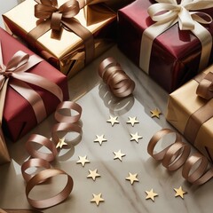Elegant Christmas Gift Boxes with Ribbons and Golden Stars – Festive Holiday Flat Lay