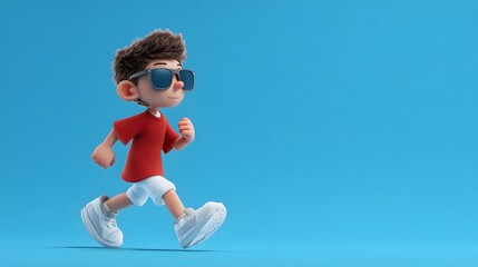 Obraz premium Stylish Cartoon Kid in Sunglasses Running Against Blue Background