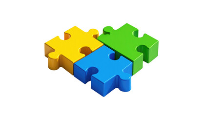 Interlocking puzzle pieces, yellow, green, and blue, isolated on black, presented in a three-dimensional, isometric view
