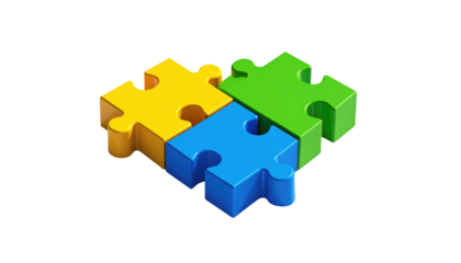 Interlocking puzzle pieces, yellow, green, and blue, isolated on black, presented in a three-dimensional, isometric view