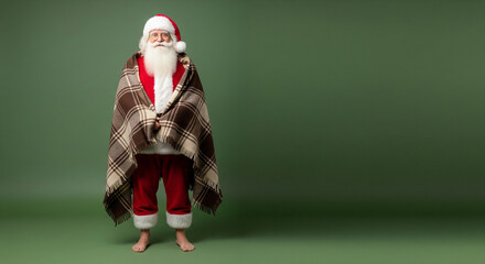Santa Claus Wrapped in a Blanket Posing Against a Green Background, Christmas Season
