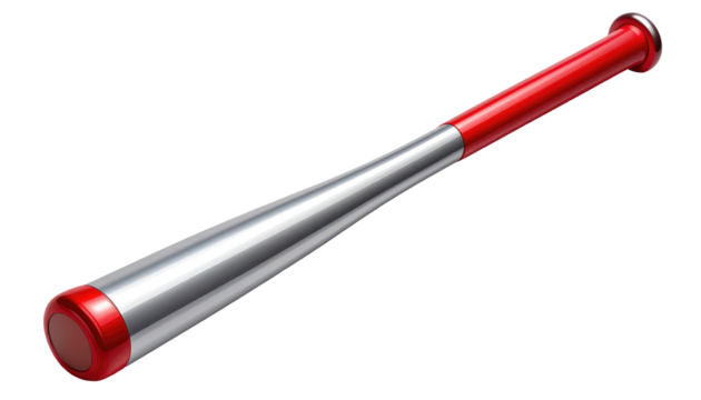 Red & silver baseball bat on black background, angled view, with glossy reflections and detail