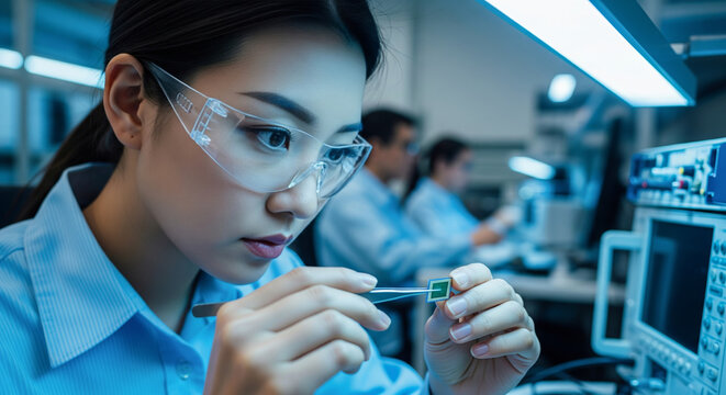 Young female engineer meticulously examines a microchip with tweezers in a high-tech laboratory