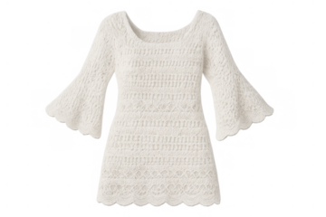 White crochet dress with bell sleeves. Knit bohemian apparel, fashion clothing, transparent background