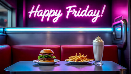 Happy Weekend! - As retro-style restaurant table with burgers, fries, milkshakes, and neon lights spelling out “Happy Friday!”.