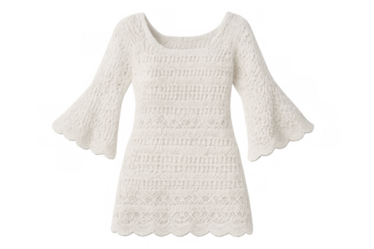 White crochet dress with bell sleeves. Knit bohemian apparel, fashion clothing, transparent background