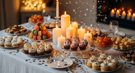 Naklejka premium Luxury festive candlelight dinner with cupcakes, desserts, and glowing bokeh lights creating a warm, cozy, romantic holiday atmosphere.