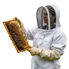 Beekeeper holding honeycomb frame full of bees, beekeeping protective suit worker with hive inspection, isolated on transparent background, png