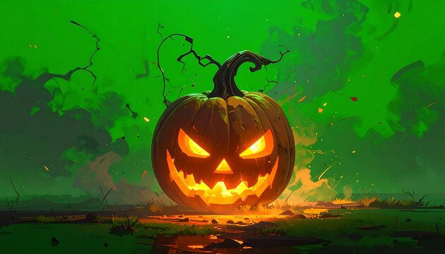 Glowing carved pumpkin with menacing face sits in a field with a green backdrop evoking Halloween - Powered by Adobe