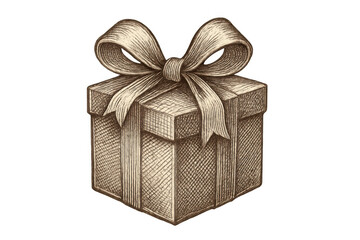 Gift box drawing with ribbon and bow, vintage sketch illustration for celebration, holiday, or special occasion, transparent background