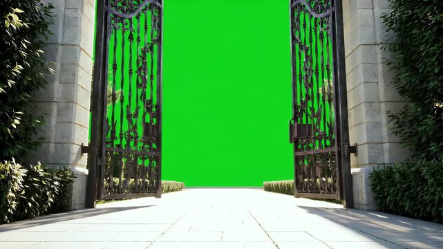 Ornate Black Metal Estate Gates Open To Bright Green Screen Chromakey Background With Stone Pillars And Lush Green