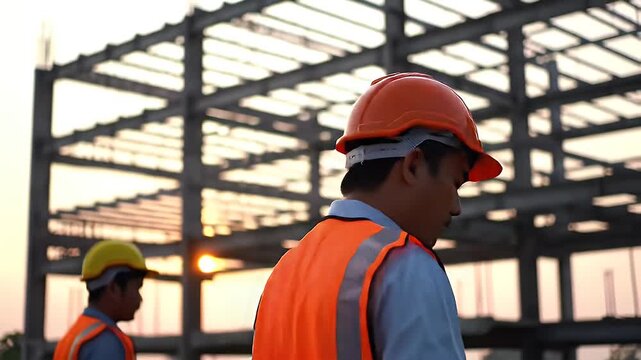 Construction worker in orange hard hat and vest oversees building frame structure at sunset golden hour industrial