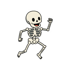 Cartoon skeleton character with a happy expression running on a white background isolated on white background