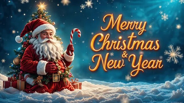Festive Christmas and New Year Greeting with Santa Claus and Winter Scene