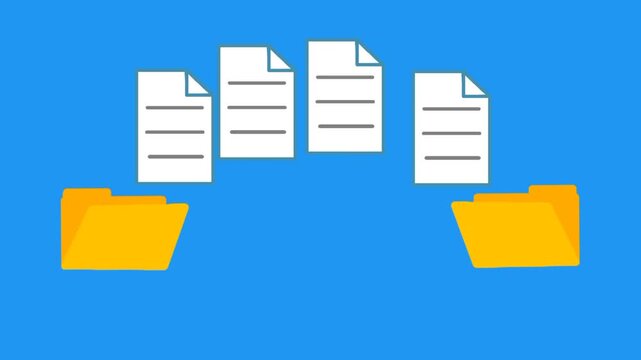 Fast data transfer animation with flying paper icons. Files and documents moving quickly between folders. 