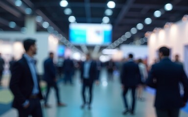 Abstract Blurred Focus of Trade Show Event with Business Conference, Exhibition, Job Fair, and Tech Expo. AI-Generated 4K High-Quality Wallpaper Depicting Busy Exhibition Hall with Blurred Individuals