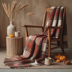 Autumnal scene with plaid blanket and pumpkin decor