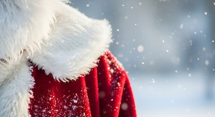 Soft focus close-up of Santa Claus red coat with white fur trim in falling snow during Christmas season