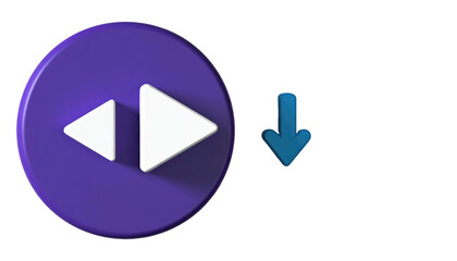 A purple circular button with white rewind symbols and blue downward arrow sits against black