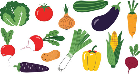 Collection of colorful hand drawn fresh delicious vegetables isolated on white background. Bundle of healthy and tasty vegan products, wholesome vegetarian food.