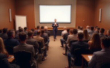 Blurred soft of seminar room for background filled with people attending a speech about business. High quality