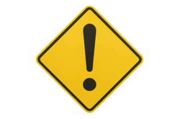Yellow warning sign displaying an exclamation mark, symbolizing caution, danger, alert, and important notice, transparent background