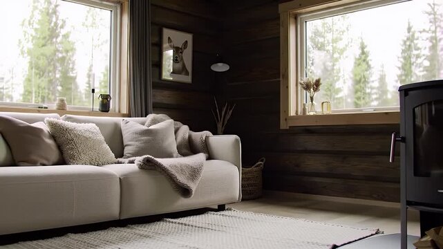 Cozy Living Room Scene With Wood Burning Stove and Comfortable Sofa Surrounded by Forest View Through Windows