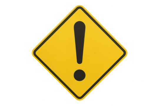 Yellow warning sign displaying an exclamation mark, symbolizing caution, danger, alert, and important notice, transparent background