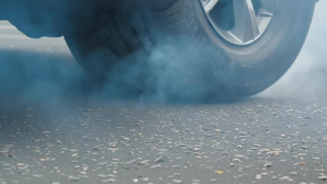 Closeup of car wheel rapidly spinning on asphalt producing dense smoke as tire burns rubber creating dynamic motion and strong power concept