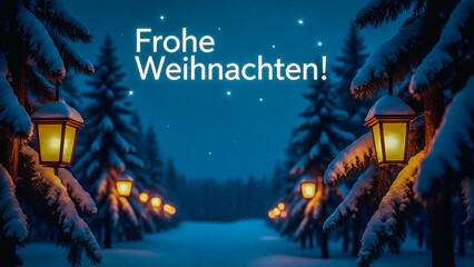 A snowy Black Forest pine forest, adorned with lit lanterns and wooden ornaments, trees frosted with sparkling snow, the sky text "Frohe Weihnachten!"