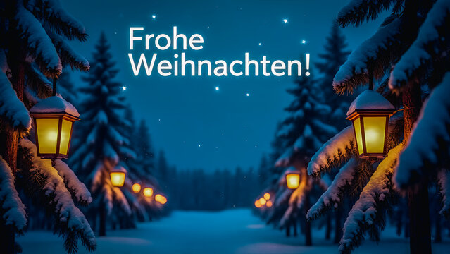 A snowy Black Forest pine forest, adorned with lit lanterns and wooden ornaments, trees frosted with sparkling snow, the sky text "Frohe Weihnachten!"