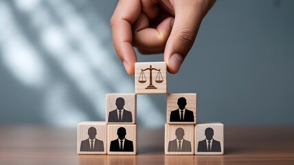 Business Ethics and Justice Concept with Wooden Blocks and Team Icons