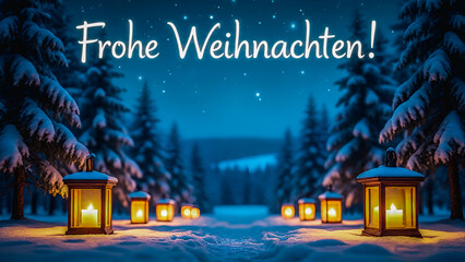 A snowy Black Forest pine forest, adorned with lit lanterns and wooden ornaments, trees frosted with sparkling snow, the sky text "Frohe Weihnachten!"