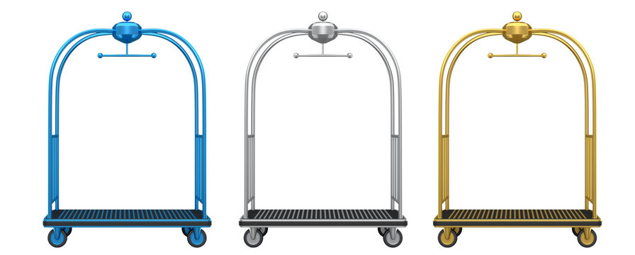 Set of Hotel luggage trolley cart for carrying baggage on white background.