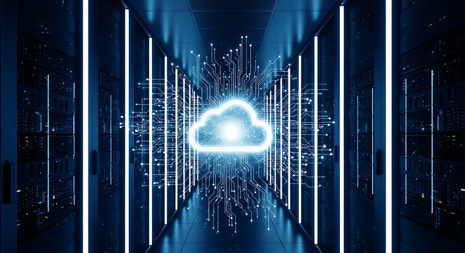Glowing digital cloud data center with futuristic blue light beams and circuit board patterns isolated on transparent background - Powered by Adobe