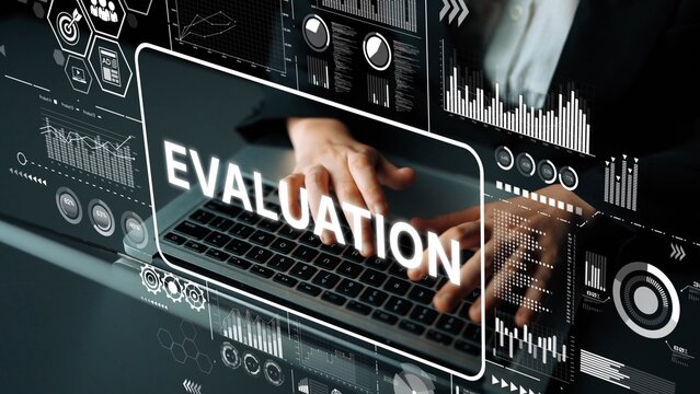 Business Evaluation Concept with Graphical Data Representation and Laptop in Modern Office Setting. Asymptotic smart data analytic.