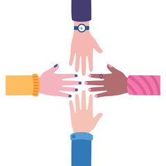 Diverse group of people extending hands together in unity and teamwork illustration on a transparent background symbolizing connection and support