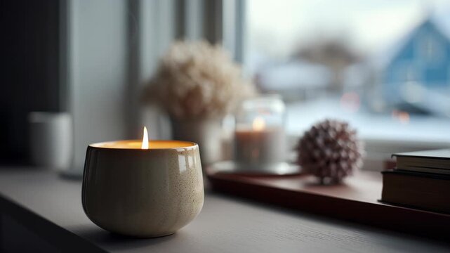 A candle is lit in a white bowl on a table. There are several books on the table. Macro shot modern cozy weekend desk with small candle, soft winter daylight through window, hanukkah in modern life 