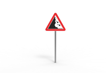 Falling Rocks Hazard Warning Sign With Red Triangle Border and Rockfall Symbol on Gray Pole Cautions Drivers About Potential Road Danger and Falling Debris Isolated on Checkered BG