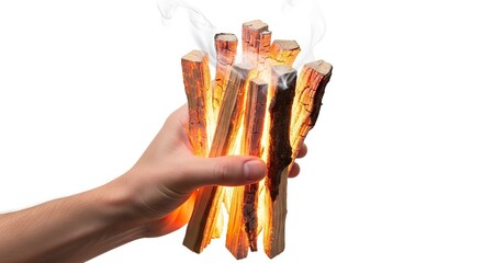 A hand holds sticks of palo santo wood with smoke rising from the ends of the sticks