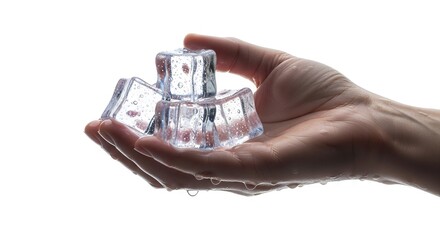 A hand holds three clear ice cubes with water droplets present against a white background