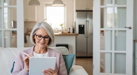 Photograph of an elderly woman using a tablet at home