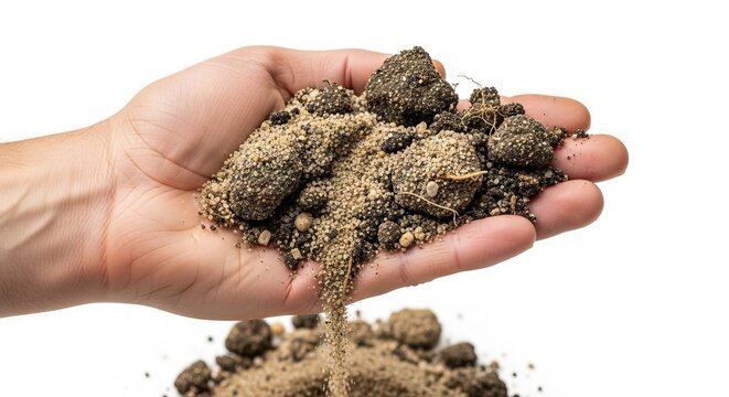 A hand holds soil with a variety of textures and grains Some soil is spilling from the hand to the surface below