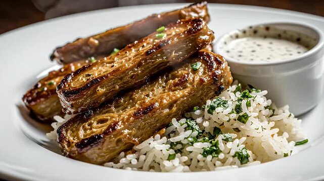 Gourmet Pork Ribs Glazed with Savory Sauce Served with Fluffy White Rice and Creamy Dip on a White Plate with Parsley Garnish in Warm Lighting