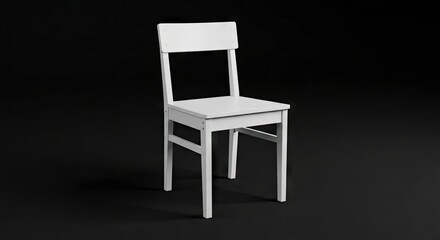 Fototapeta premium A white wooden chair stands against a solid black background welllit and casting a shadow