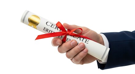 A hand in a suit holds a rolled certificate tied with a red ribbon